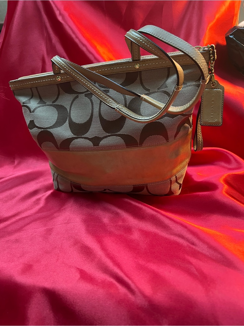 Coach Signature Canvas Tote in Khaki and Chalk with Leather Trim